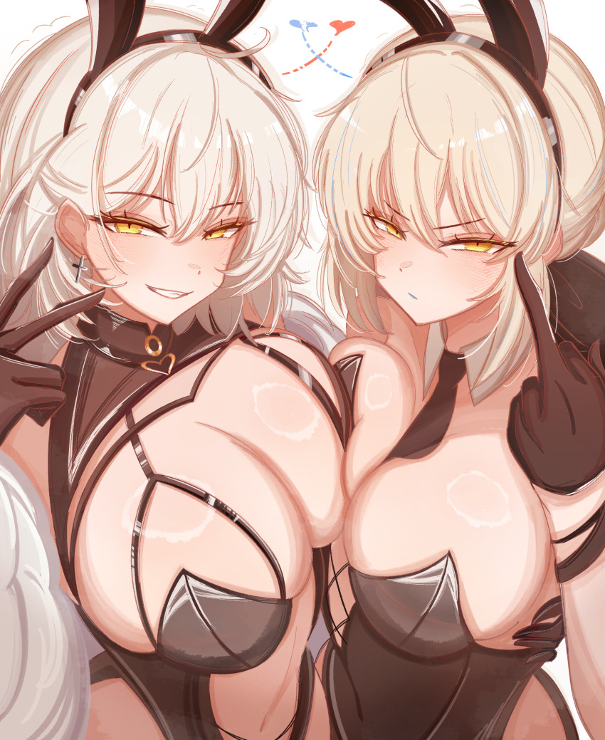 0nineo9, 2girls, absurdres, ahoge, animal_ears, artoria_pendragon_(fate), asymmetrical_docking, blonde_hair, breast_press, breasts, cleavage, closed_mouth, cosplay, evertale, fate/grand_order, fate_(series), girls'_frontline, grey_hair, grin, highres, jeanne_d'arc_alter_(fate), lancelot_(evertale), lancelot_(evertale)_(cosplay), large_breasts, long_hair, looking_at_viewer, middle_finger, mp40_(champagne_of_spades)_(girls'_frontline), mp40_(champagne_of_spades)_(girls'_frontline)_(cosplay), mp40_(girls'_frontline), mp40_(girls'_frontline)_(cosplay), multiple_girls, necktie, rabbit_ears, saber_alter, smile, v, white_hair, yellow_eyes