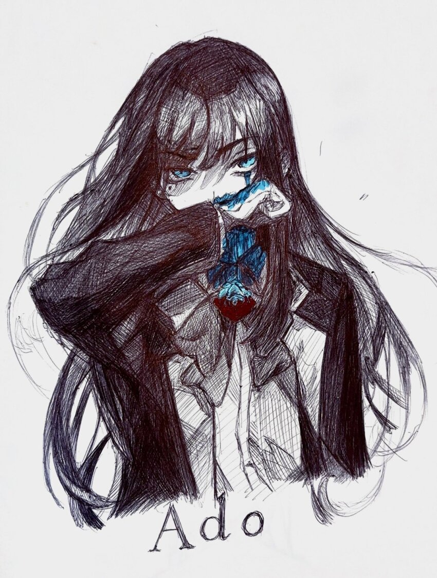 1girl, ado_(utaite), black_coat, black_hair, blue_eyes, chando_(ado), character_name, coat, colored_tears, commentary, english_commentary, highres, long_hair, looking_at_viewer, mole, mole_under_eye, shiro_(shiro_622), simple_background, solo, tears, utaite, white_background, wiping_tears