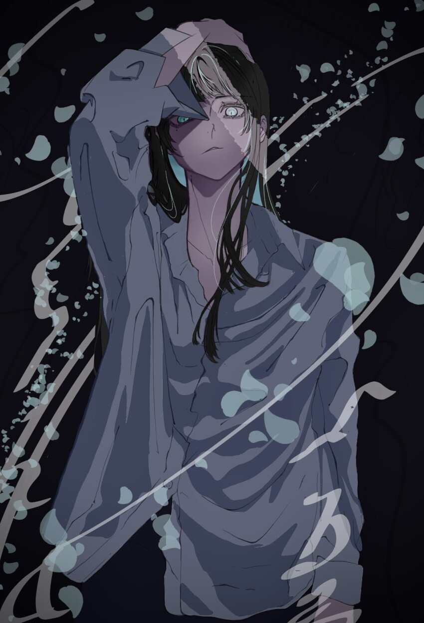 1girl, ado_(utaite), blue_eyes, blue_hair, chando_(ado), commentary, cowboy_shot, dress_shirt