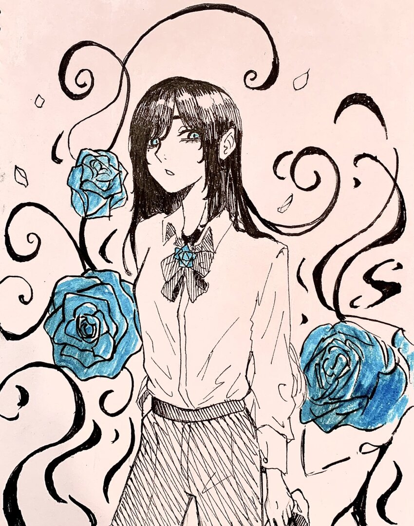 1girl, ado_(utaite), blue_eyes, blue_flower, blue_rose, chando_(ado), dress_shirt, flower