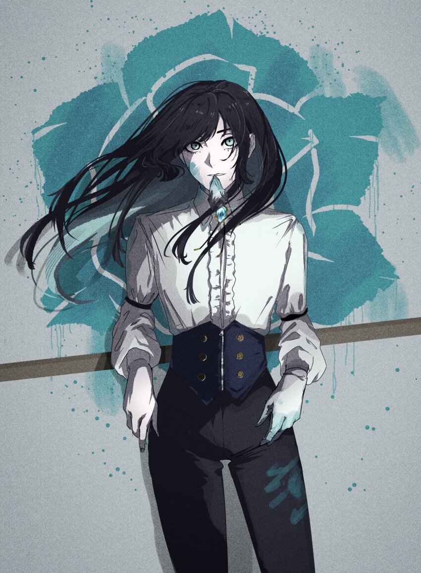 1girl, ado_(utaite), black_hair, black_pants, blue_corset, blue_eyes, center_frills, chando_(ado)