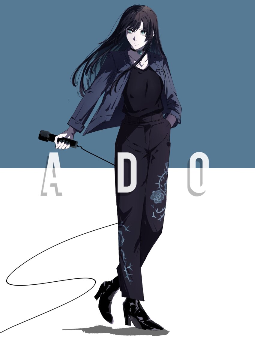 1girl, ado_(utaite), black_choker, black_hair, black_pants, black_shirt, black_shoes, blue_background, blue_eyes, blue_jacket, chando_(ado), character_name, choker, closed_mouth, commentary, full_body, hand_in_pocket, high_heels, highres, holding, holding_microphone_stand, jacket, long_hair, long_sleeves, microphone_stand, mole, mole_under_eye, open_clothes, open_jacket, pants, shadow, shiro_(shiro_622), shirt, shoes, solo, two-tone_background, utaite, white_background