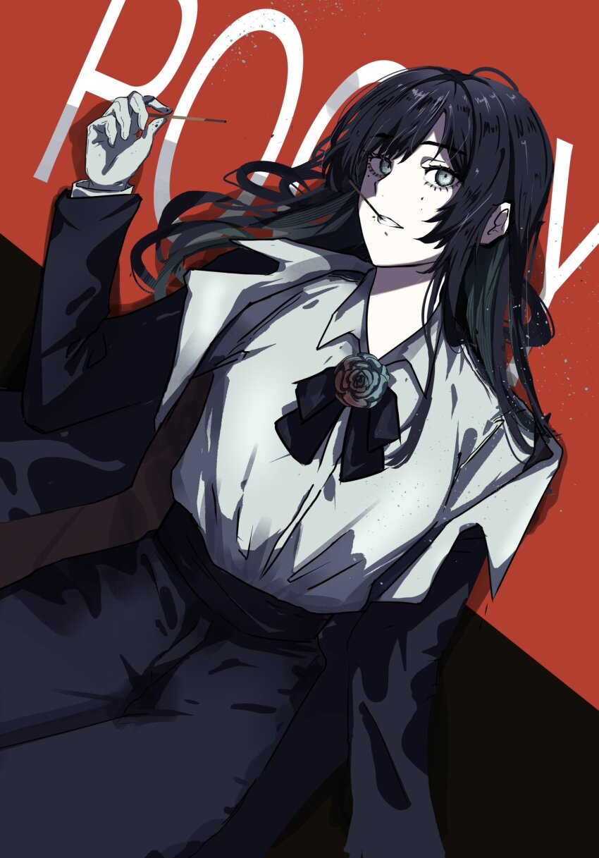 1girl, ado_(utaite), black_bow, black_bowtie, black_coat, black_hair, black_pants, blue_eyes, blue_flower, blue_rose, bow, bowtie, brooch, chando_(ado), coat, collared_shirt, commentary, flower, flower_brooch, food, food_in_mouth, gloves, highres, holding, holding_food, holding_pocky, jewelry, light_particles, long_hair, looking_at_viewer, mole, mole_under_eye, open_clothes, open_coat, pants, pocky, pocky_day, pocky_in_mouth, rose, shiro_(shiro_622), shirt, sidelocks, solo, utaite, white_gloves, white_shirt