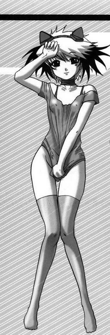 1990s_(style), 1girl, animal_ears, breasts, cat_ears, clothes_pull, covering_privates, excel_saga