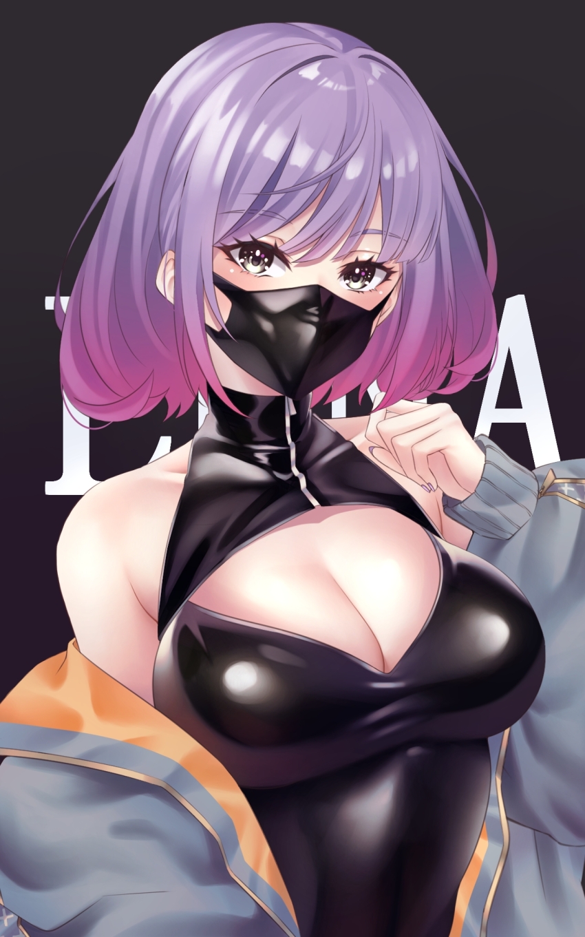 1girl, bare_shoulders, black_background, bodysuit, breasts, character_name, character_request, copyright_request