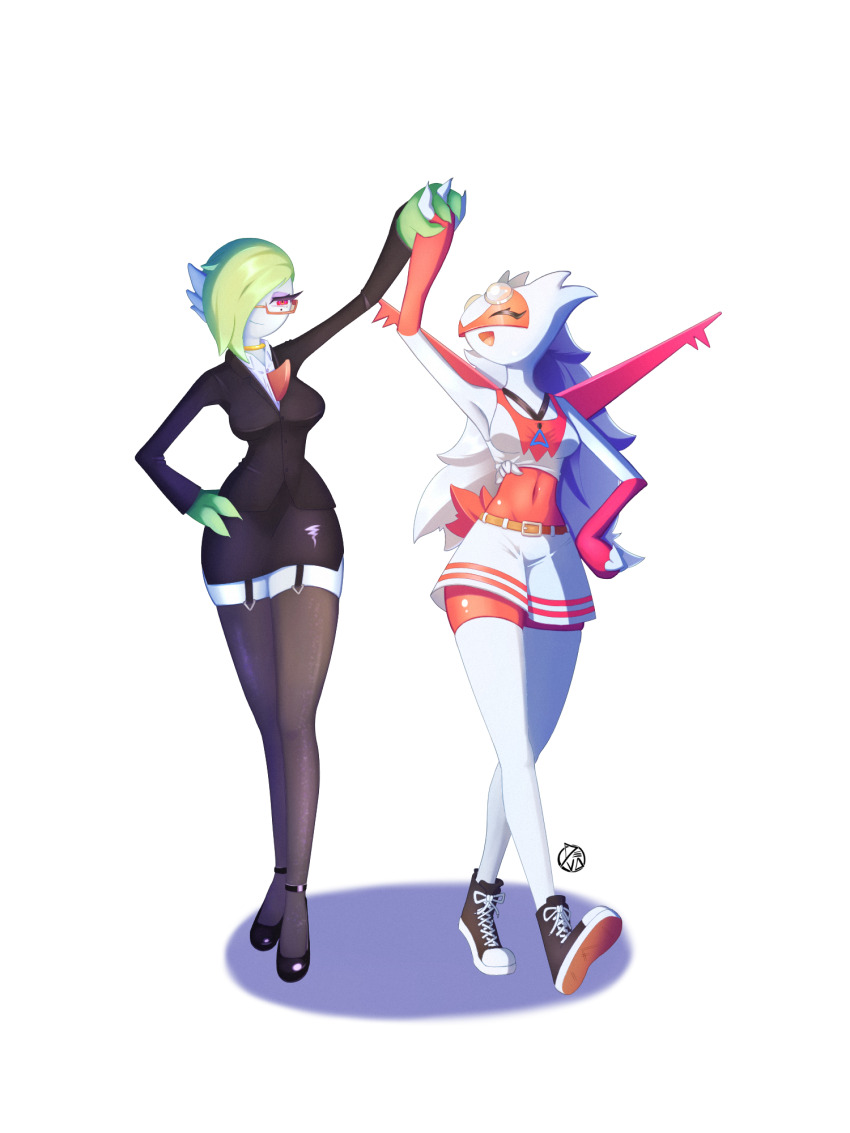 2girls, ^_^, arm_up, armpits, artist_name, asymmetrical_hair, belt, black_jacket