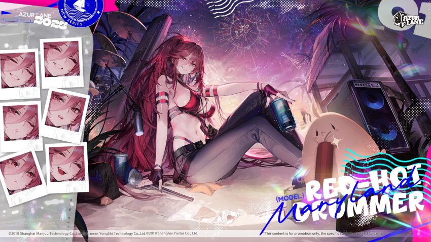 :d, aerial_fireworks, amplifier, azur_lane, beach, black_gloves, black_nails, black_pants