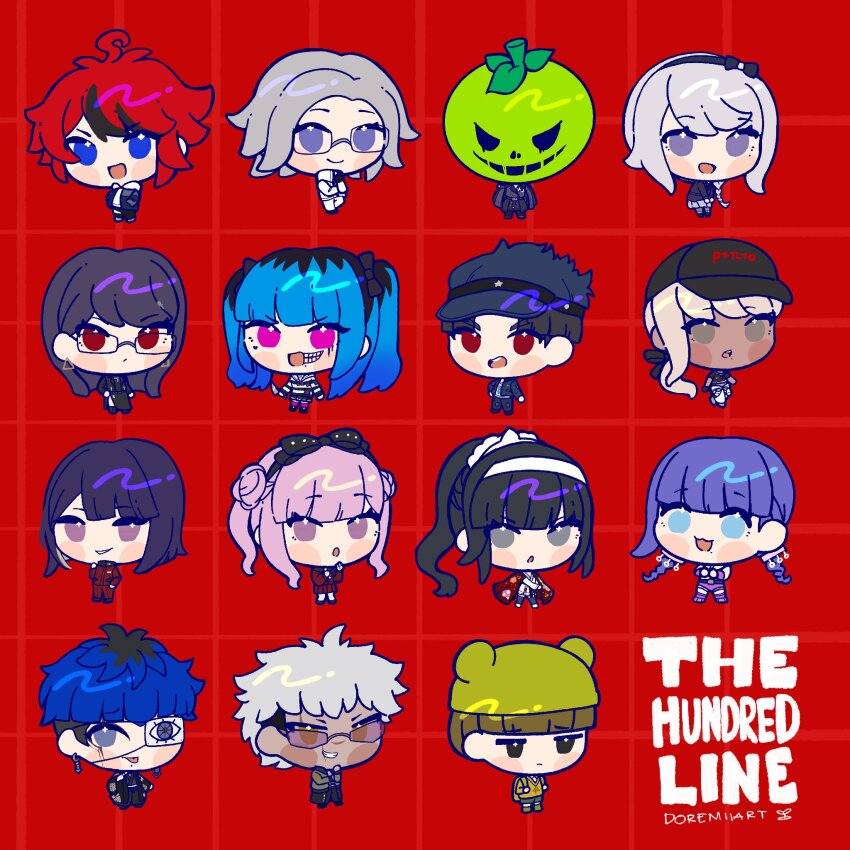 1boy, 6+boys, 6+girls, ahoge, amemiya_darumi, aotsuki_eito, black_eyes, black_hair, blonde_hair, blue_eyes, blue_hair, blush, brown_hair, chibi, chibi_only, closed_mouth, dark-skinned_female, dark_skin, doremiiart, eyepatch, full_body, ginzaki_shouma, glasses, grey_eyes, heart, highres, kawana_tsubasa, kirifuji_nozomi, looking_at_viewer, magadori_kyoshika, makeup, maruko_gaku, mask, mask_on_head, matching_hair/eyes, messy_hair, mojiro_moko, multiple_boys, multiple_girls, omokage_yugamu, one_eye_covered, oosuzuki_kurara, open_mouth, pink_eyes, pink_hair, purple_hair, red_background, red_eyes, red_hair, runny_makeup, shizuhara_hiruko, sumino_takumi, sunglasses, the_hundred_line_-last_defense_academy-, title, tomato, tongue, tongue_out, tsukumo_ima, tsukumo_kako, twintails, white_hair, yakushiji_takemaru