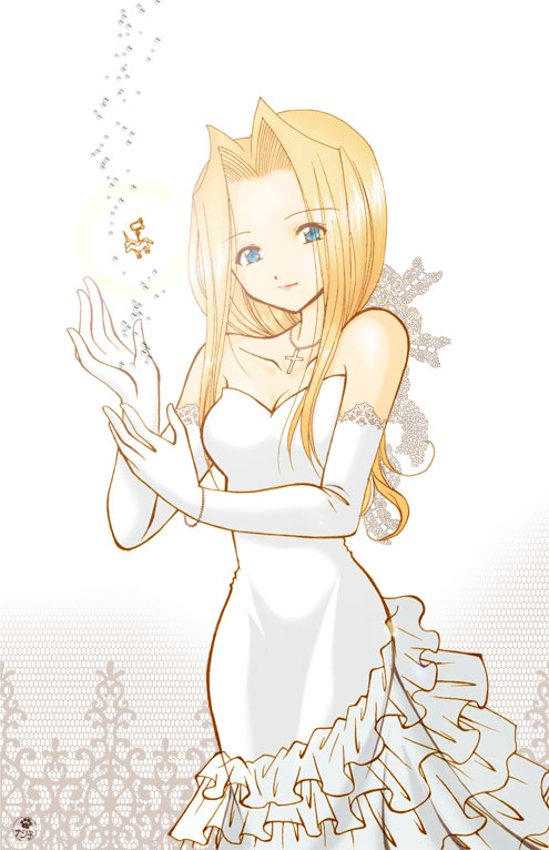 1girl, alternate_costume, bare_shoulders, blonde_hair, blue_eyes, cross, dress, elbow_gloves