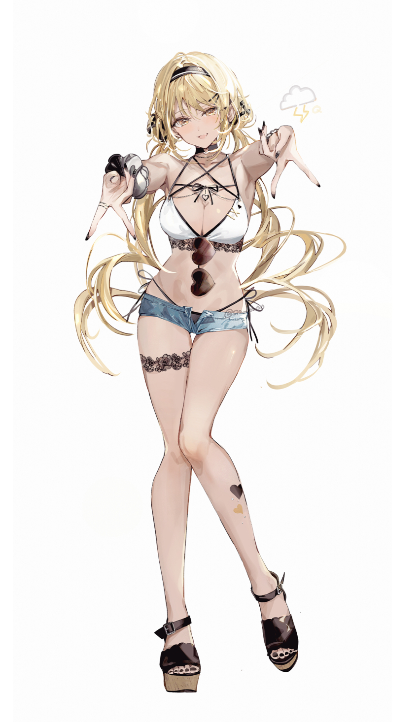 1girl, bikini, bikini_bottom_under_shorts, bikini_under_clothes, black_choker, black_hairband, black_nails, black_sandals