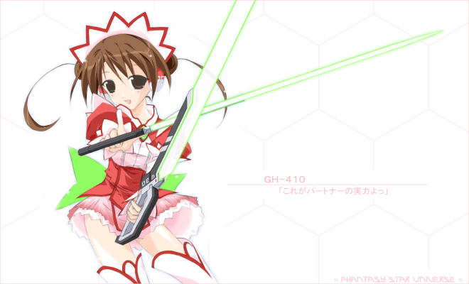 1girl, 2000s_(style), bad_id, brown_eyes, brown_hair, character_name, commentary, cowboy_shot, double_bun, dress, dual_wielding, energy_sword, gh-410, hair_bun, holding, honeycomb_(pattern), honeycomb_background, looking_at_viewer, maid, maid_headdress, open_mouth, partner_machine, phantasy_star, phantasy_star_universe, puffy_short_sleeves, puffy_sleeves, red_dress, short_sleeves, simple_background, smile, solo, sword, thighhighs, tokita, translation_request, weapon, white_background, white_thighhighs