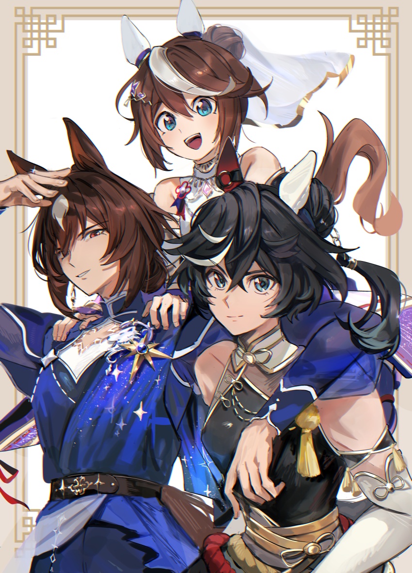 3girls, absurdres, animal_ears, bare_shoulders, black_hair, blue_dress, blue_eyes, breasts