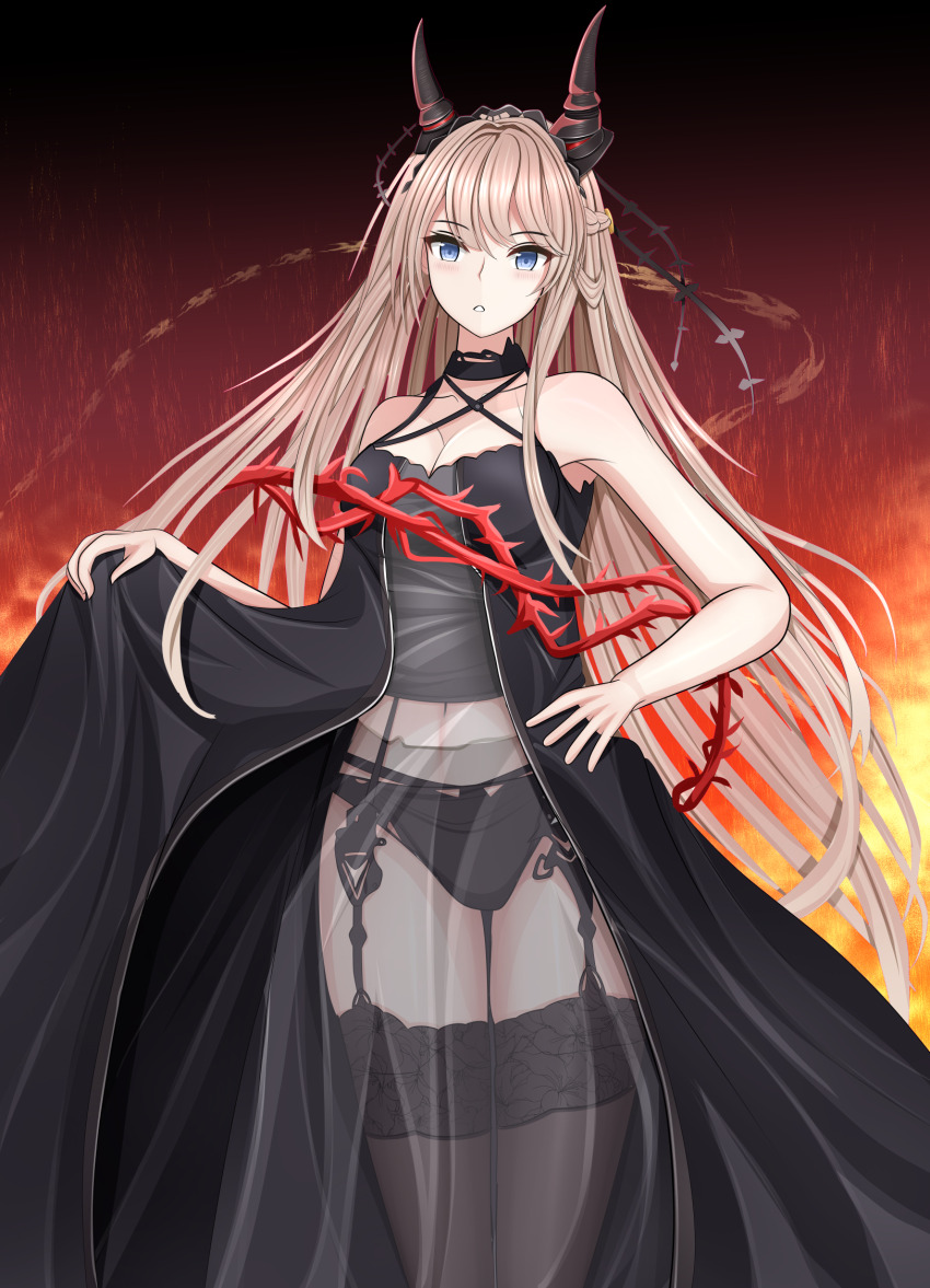 1girl, azur_lane, bare_shoulders, black_dress, black_garter_belt, black_horns, black_panties, black_thighhighs