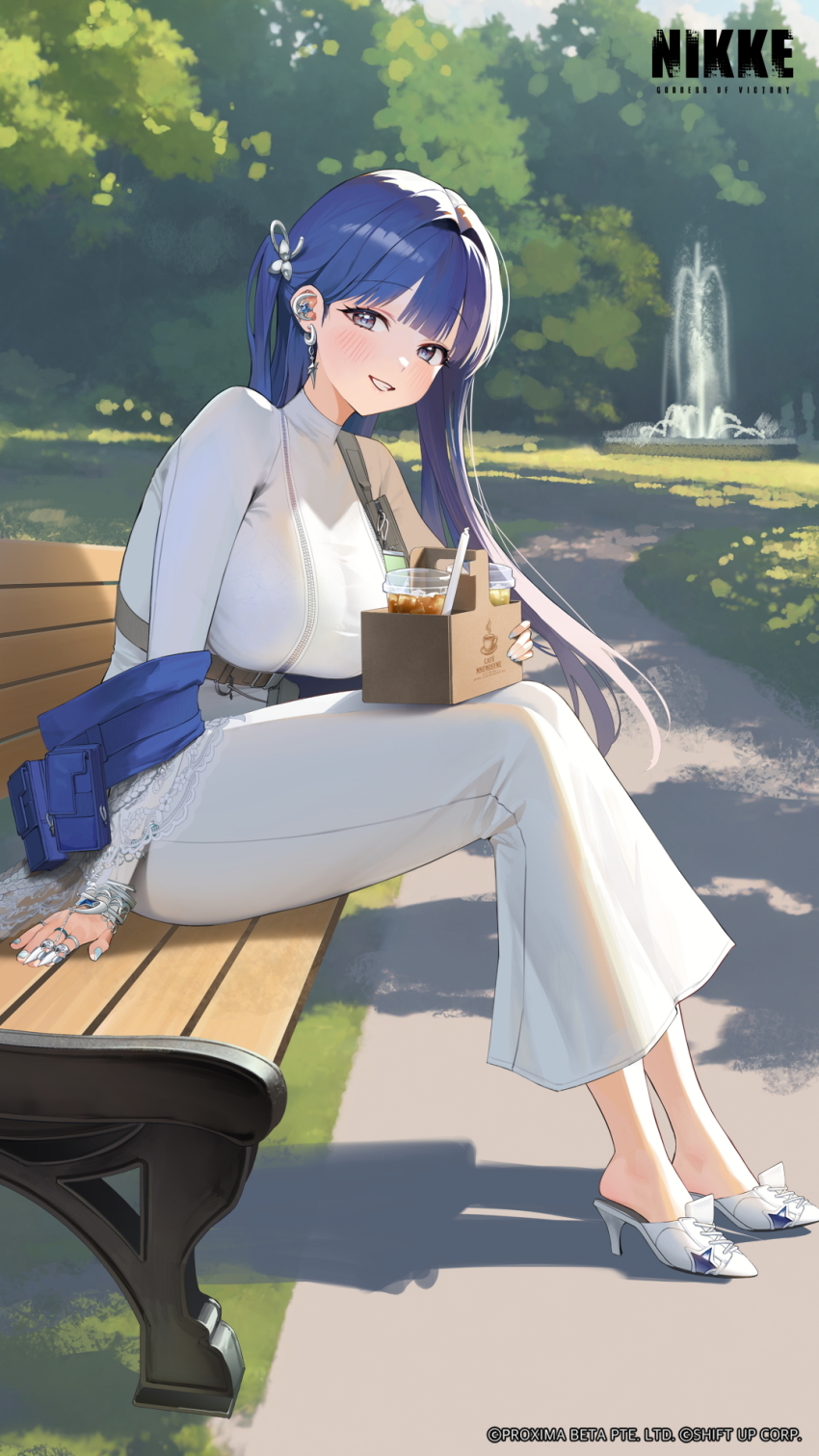1girl, arcana_(nikke), bench, blue_hair, blue_nails, bracelet, breasts, claws, commentary, copyright_name, copyright_notice, cropped, day, disposable_cup_holder, dress, earrings, english_commentary, english_text, flower_hairpin, fountain, goddess_of_victory:_nikke, grass, grey_eyes, hair_intakes, high_heels, highres, holding_disposable_cup_holder, jewelry, large_breasts, long_hair, long_sleeves, looking_at_viewer, nail_polish, official_art, on_bench, outdoors, park, park_bench, shoes, sitting, smile, solo, tree, turtleneck, turtleneck_dress, watermark, white_dress, white_shoes, wooden_bench