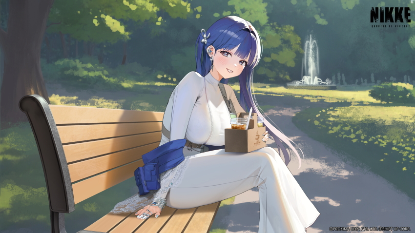 1girl, absurdres, arcana_(nikke), bench, blue_hair, blue_nails, bracelet, breasts, claws, commentary, day, disposable_cup_holder, dress, earrings, english_commentary, flower_hairpin, fountain, goddess_of_victory:_nikke, grass, grey_eyes, hair_intakes, highres, holding_disposable_cup_holder, jewelry, large_breasts, long_hair, long_sleeves, looking_at_viewer, nail_polish, official_art, on_bench, outdoors, park, park_bench, sitting, smile, solo, tree, turtleneck, turtleneck_dress, watermark, white_dress, wooden_bench