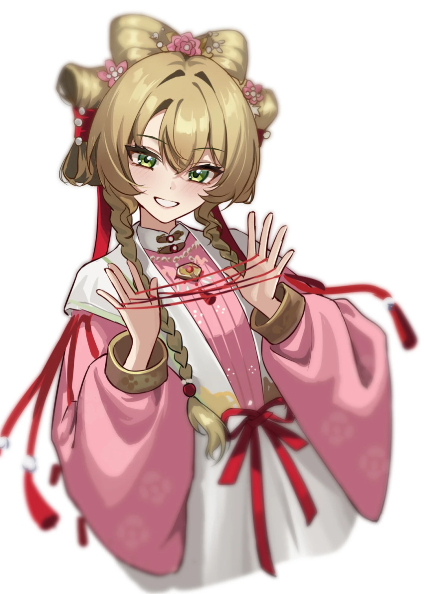 1girl, amamiyayk, blonde_hair, blurry, braid, cat's_cradle, chinese_clothes, cropped_torso, depth_of_field, flower, green_eyes, grin, hair_flower, hair_ornament, hair_ribbon, hands_up, hanfu, highres, holding, holding_string, long_hair, long_sleeves, looking_at_viewer, low_twin_braids, official_alternate_costume, pink_flower, pink_hanfu, puffy_long_sleeves, puffy_sleeves, red_ribbon, reverse:1999, ribbon, shuangyaji, smile, solo, sotheby, sotheby_(the_red_thread_of_fate), string, teeth, twin_braids, upper_body, white_background