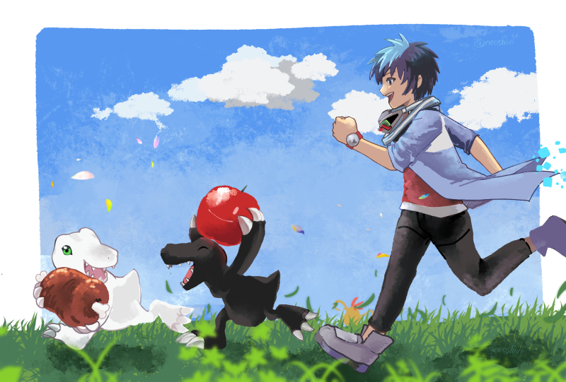 1boy, agumon_(black), apple, black_hair, black_pants, blue_hair, blue_sky, boned_meat