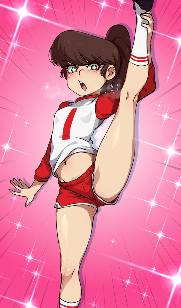 +_+, 1girl, arm_at_side, black_shoes, blue_eyes, breasts, brown_hair, commentary