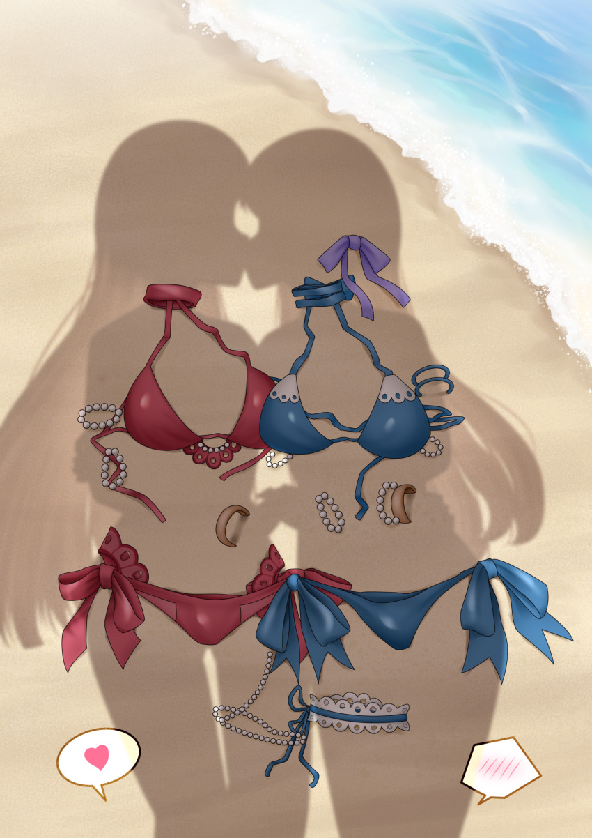 2girls, assault_lily, beach, bikini, blue_bikini, bow, bow_bikini, bracelet