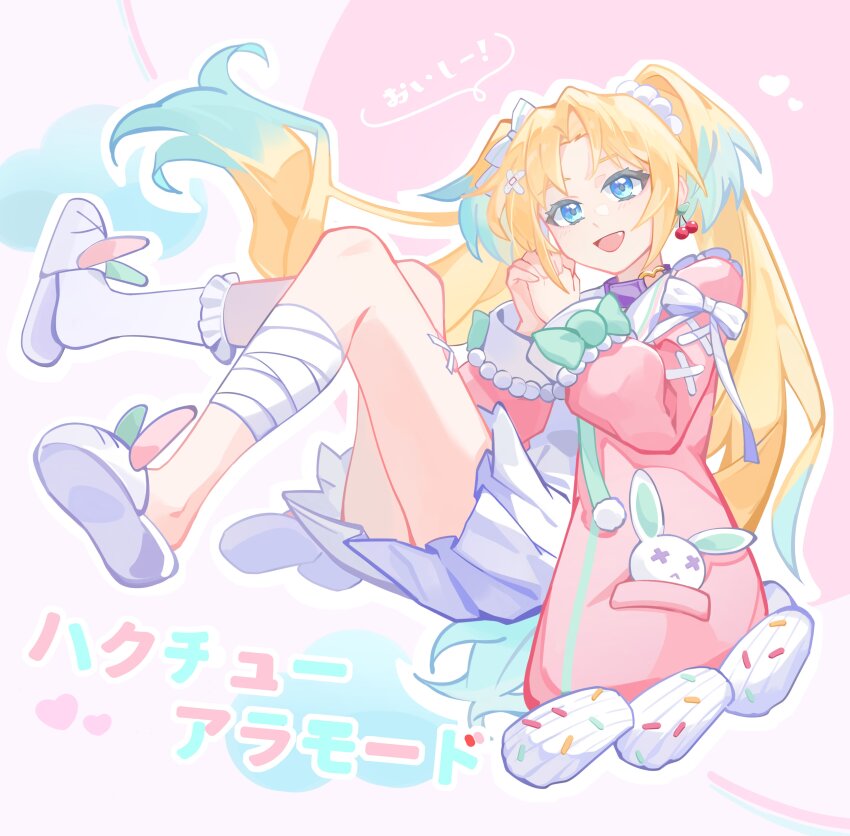 1girl, :d, absurdres, achin_(putsi_2025), bandaged_leg, bandages, blonde_hair, blue_eyes