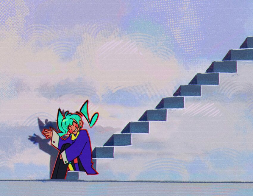 1girl, ^_^, aqua_hair, blue_jacket, closed_eyes, cloud, commentary, english_commentary, facing_viewer, grin, hatsune_miku, jacket, sinmllk, sitting, sitting_on_stairs, smile, solo, stairs, static_(vocaloid), the_truman_show, twintails, vocaloid, waving