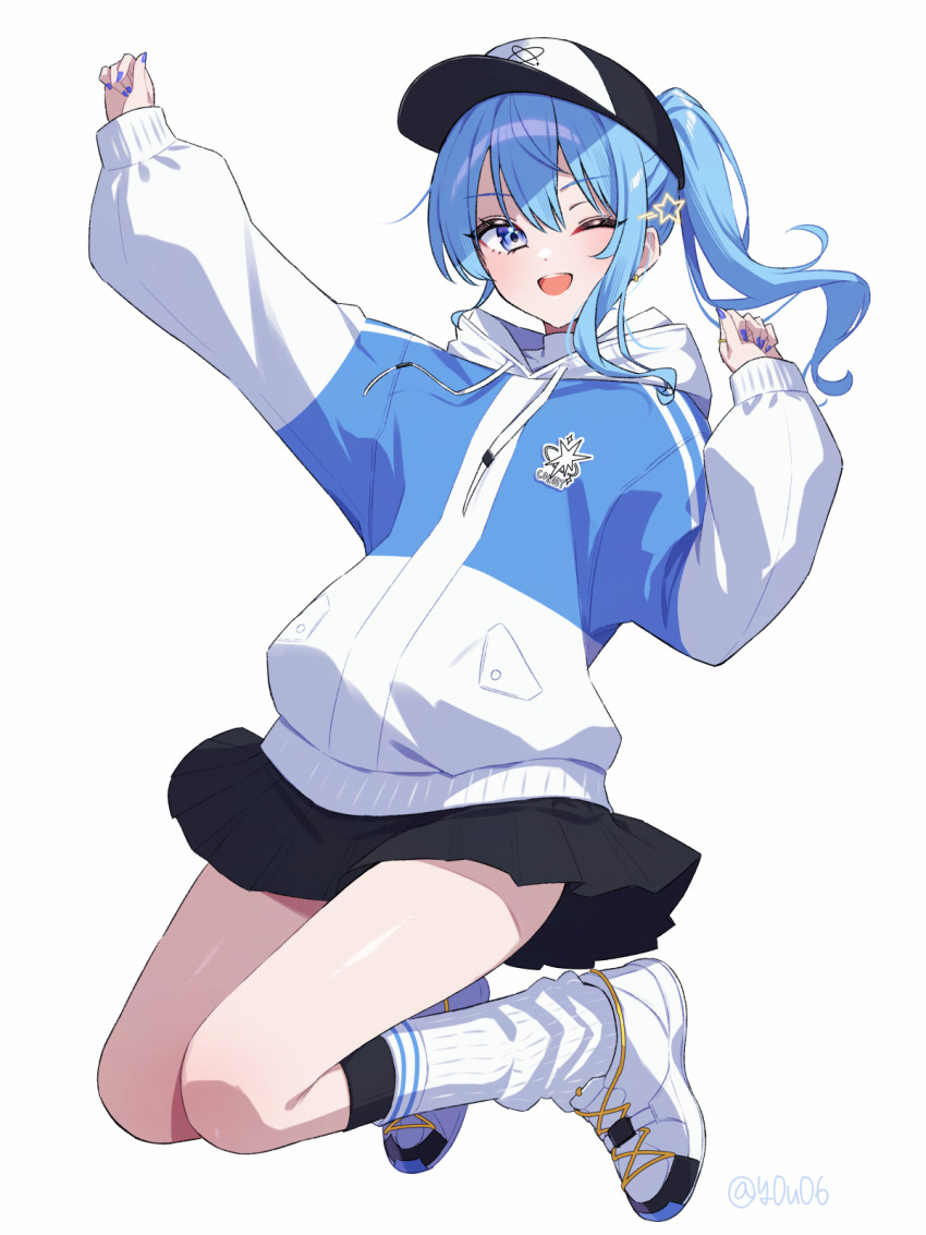 1girl, ;d, asymmetrical_sidelocks, black_skirt, blue_eyes, blue_hair, blue_hoodie, blue_nails