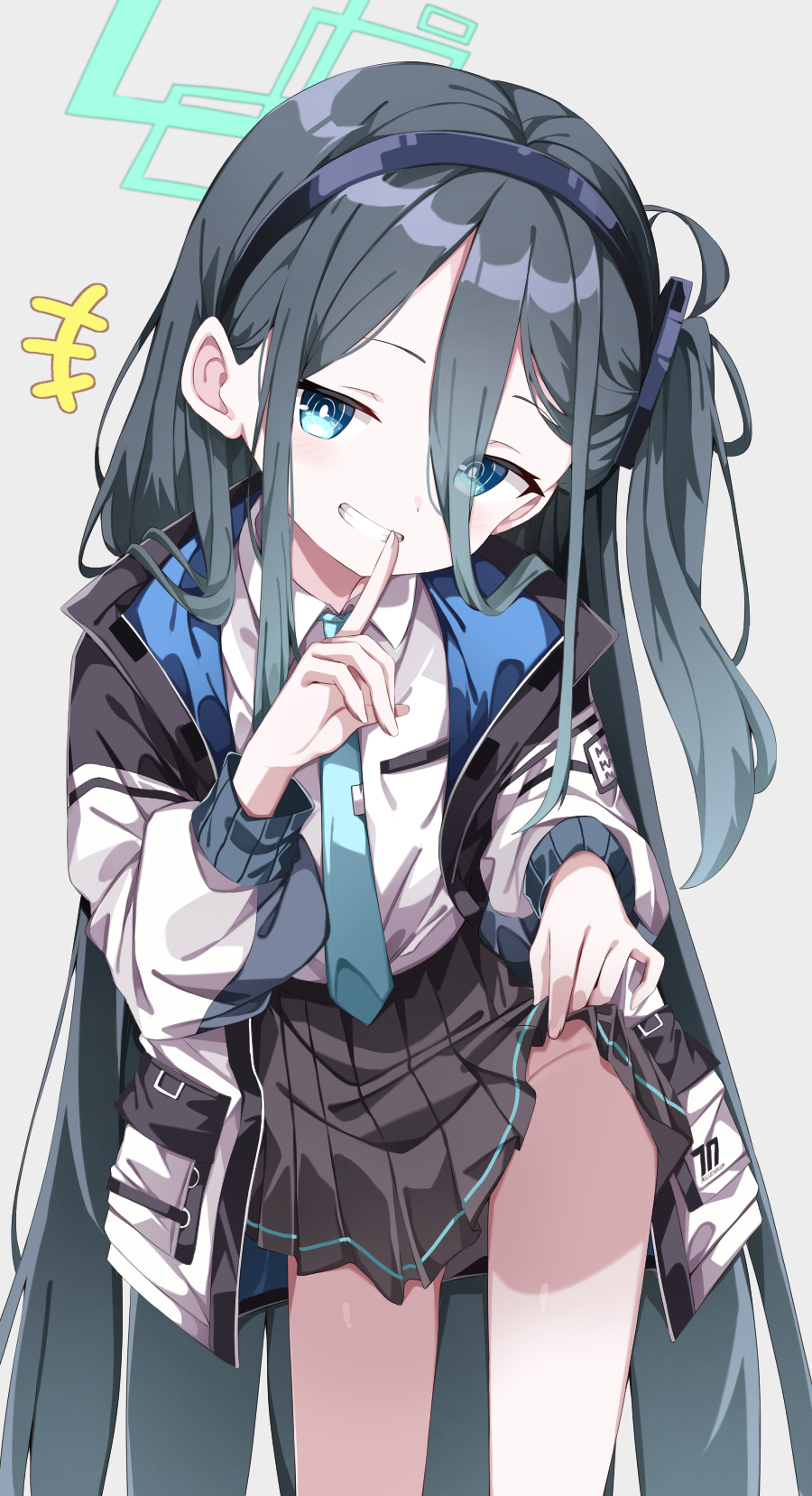 1girl, aqua_halo, aqua_necktie, aris_(blue_archive), black_hair, black_hairband, black_skirt, blue_archive