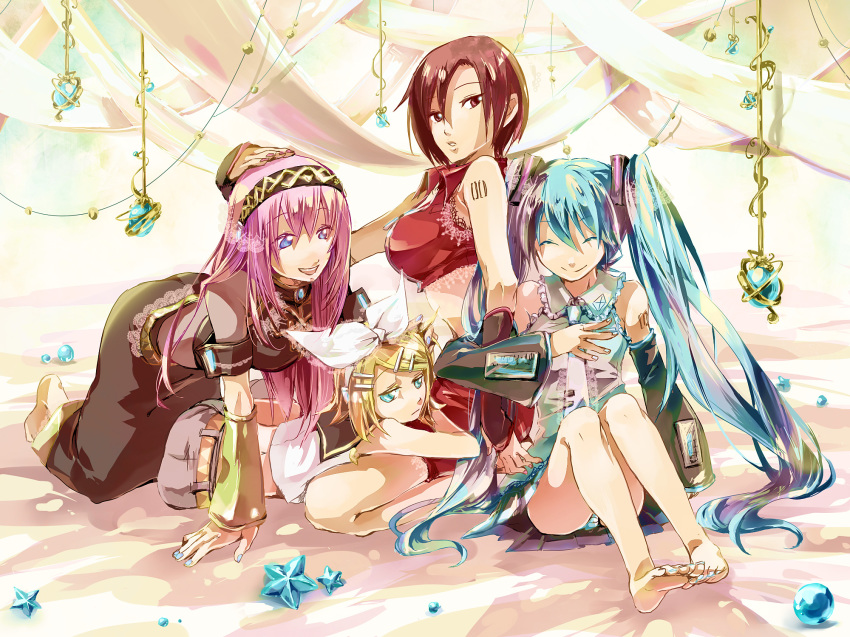 4girls, aqua_nails, barefoot, belt, closed_eyes, detached_sleeves, feet, gyorui_(toura_minato), hair_ornament, hair_ribbon, hairclip, hatsune_miku, highres, kagamine_rin, long_hair, megurine_luka, meiko_(vocaloid), multiple_girls, nail_polish, necktie, panties, plus7, red_nails, ribbon, sitting, skirt, smile, striped_clothes, striped_panties, toenail_polish, toenails, twintails, underwear, very_long_hair, vocaloid
