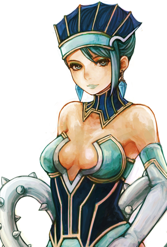 10s, 1girl, bare_shoulders, blue_eyes, blue_hair, blue_rose_(tiger_&amp;_bunny), breasts, cleavage