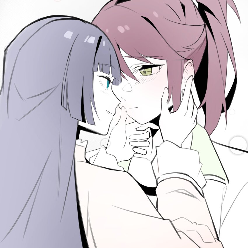 2girls, absurdres, achin_(putsi_2025), black_hair, blue_eyes, blunt_bangs, blush, brown_hair