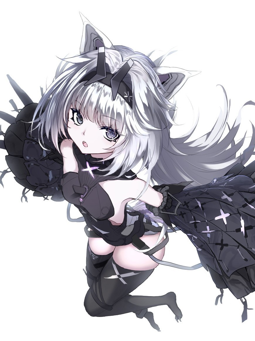 1girl, animal_ears, black_bodysuit, black_hairband, black_sleeves, black_thighhighs, bodysuit, breasts