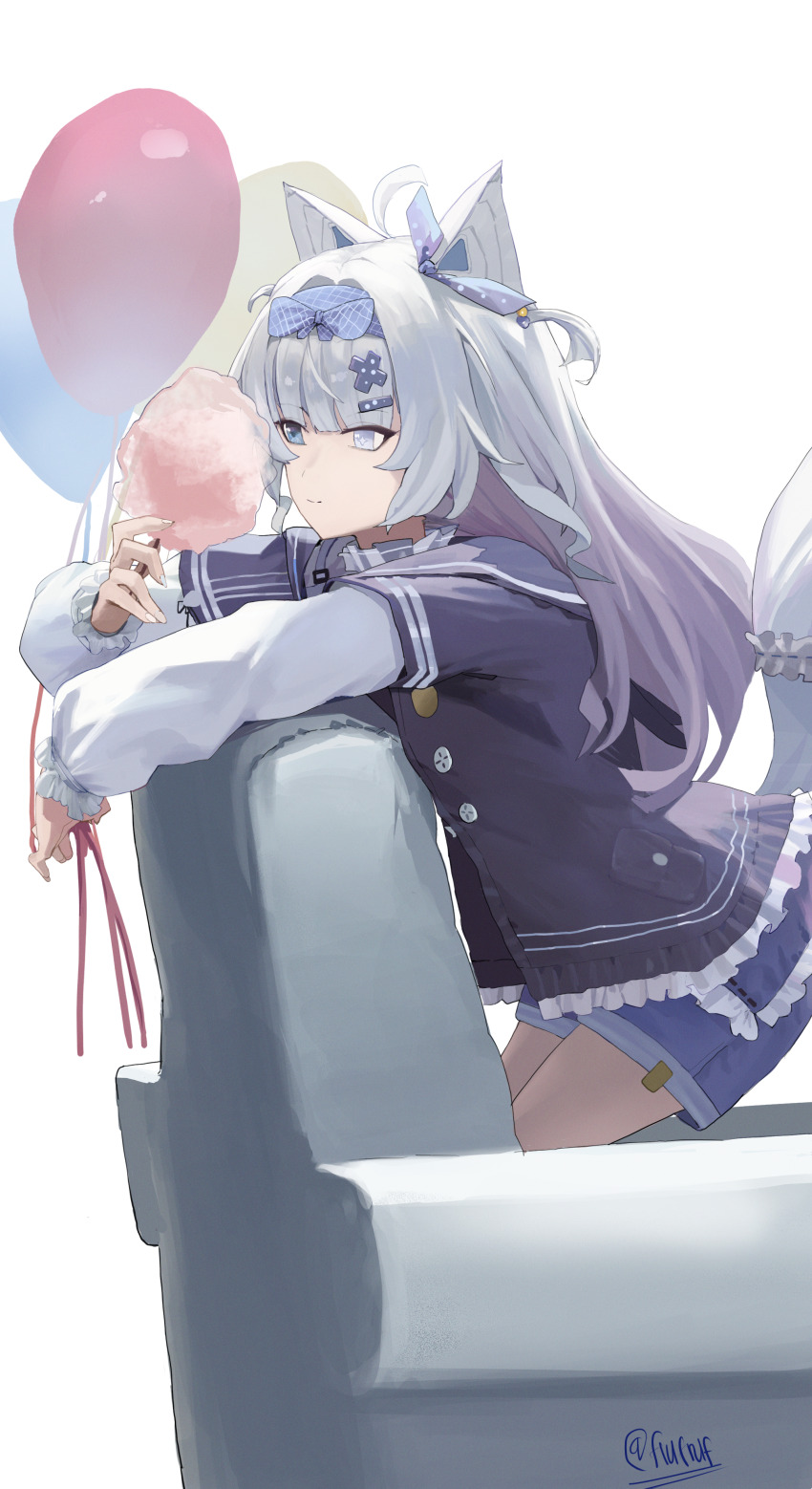 1girl, absurdres, ahoge, animal_ears, black_jacket, cotton_candy, couch, cross-shaped_pupils, denim, denim_shorts, food, grey_eyes, grey_hair, hair_ornament, hairband, hairclip, heterochromia, highres, holding, holding_cotton_candy, holding_food, jacket, mechanical_ears, mismatched_pupils, no._21:_feral_(pgr), no._21:_feral_(tiny_bad_wolf)_(pgr), no._21_(pgr), punishing:_gray_raven, shorts, sodacola, solo, symbol-shaped_pupils, tail, wolf_ears, wolf_tail, x_hair_ornament