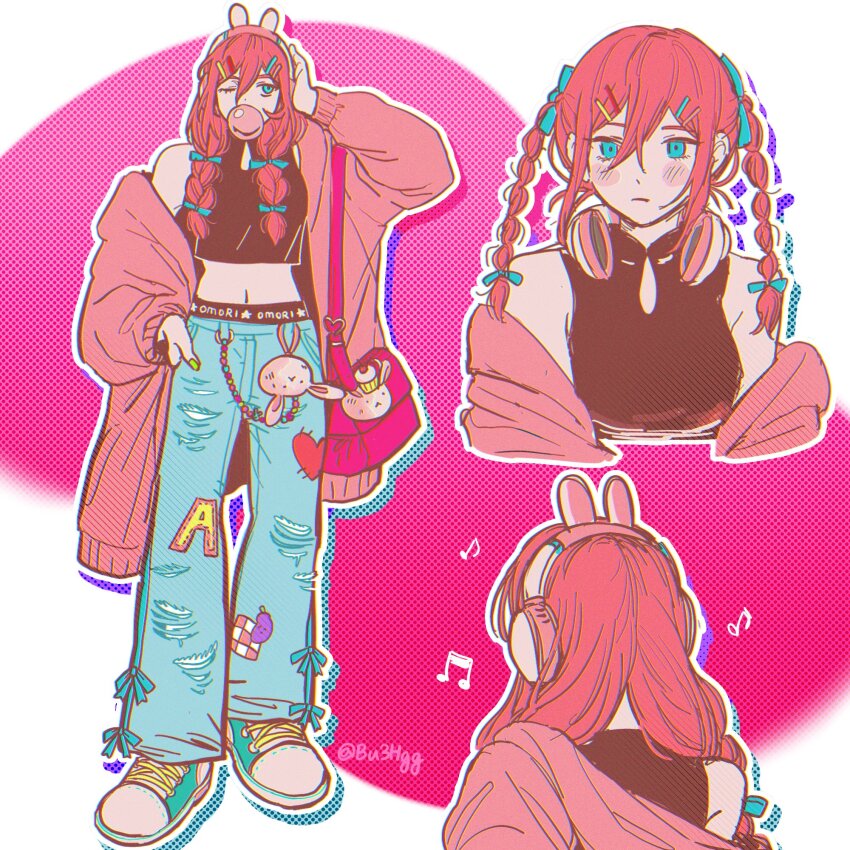 1girl, animal_charm, animal_ear_headphones, animal_ears, aqua_bow, aqua_eyes, aqua_shoes, aubrey_(birthday)_(omori)