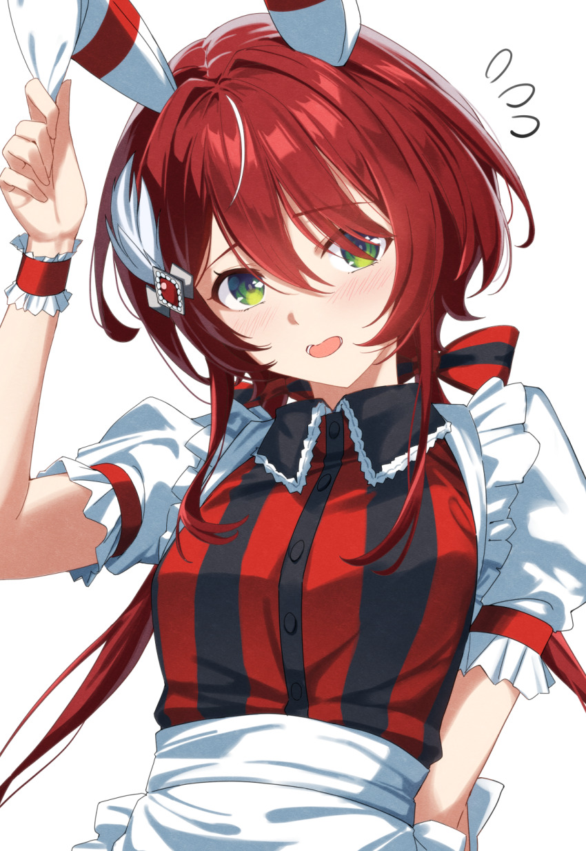 1girl, alternate_costume, animal_ears, apron, blush, bow, breasts, commentary_request, ear_covers, enmaided, feather_hair_ornament, feathers, green_eyes, hair_between_eyes, hair_bow, hair_ornament, highres, horse_ears, horse_girl, kagari_liroi, long_hair, looking_at_viewer, low_twintails, maid, maid_apron, multicolored_hair, puffy_short_sleeves, puffy_sleeves, red_hair, short_sleeves, simple_background, small_breasts, solo, streaked_hair, twintails, two-tone_bow, umamusume, upper_body, white_apron, white_background, white_hair, win_variation_(osaka_hai_celebration)_(umamusume), win_variation_(umamusume)