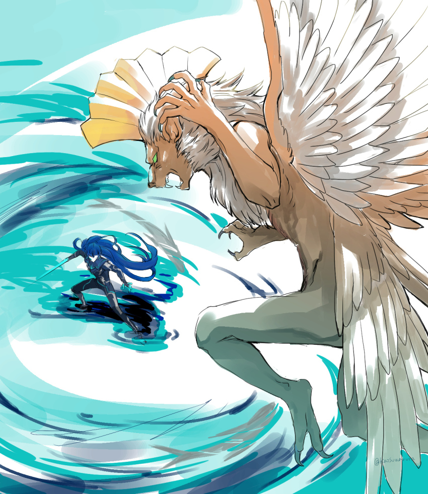 2boys, blue_hair, body_fur, bodysuit, boss_fight, claws, demon_(megami_tensei), energy_sword, fangs, feathered_wings, fewer_digits, green_eyes, highres, kaosuwaruta, long_hair, mane, multiple_boys, multiple_wings, pazuzu_(megami_tensei), pointy_ears, protagonist_(aogami_nahobino)_(smtv), protagonist_(smtv), shadow, shin_megami_tensei, shin_megami_tensei_v, sketch, solid_eyes, sword, twitter_username, water, weapon, wings