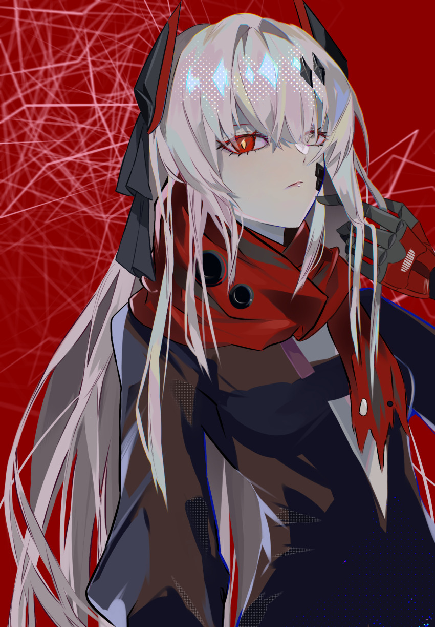 1girl, alpha_(pgr), black_jacket, francis_cairo, grey_eyes, grey_hair, hair_ornament, headgear