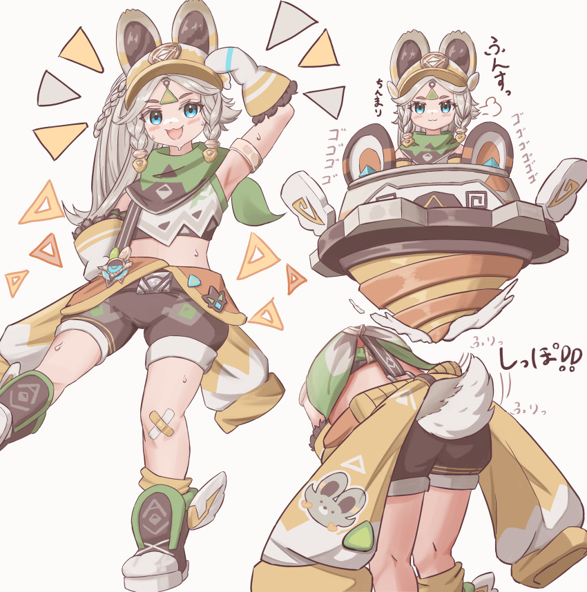 1girl, absurdres, animal_ears, arm_up, armpits, bandages, blue_eyes, blush, boots, braid, brown_boots, closed_mouth, clothes_around_waist, crop_top, drill, fumicode2_3, genshin_impact, gloves, hat, highres, jacket, jacket_around_waist, kachina_(genshin_impact), long_hair, looking_at_viewer, midriff, open_mouth, rabbit_ears, rabbit_girl, rabbit_tail, short_shorts, shorts, simple_background, smile, solo, sweat, tail, twin_braids, white_background, white_gloves