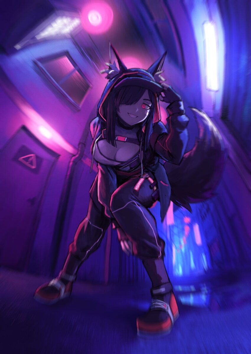 1girl, alley, animal_ear_fluff, animal_ear_piercing, animal_ears, ankle_socks, arm_between_legs, arm_up