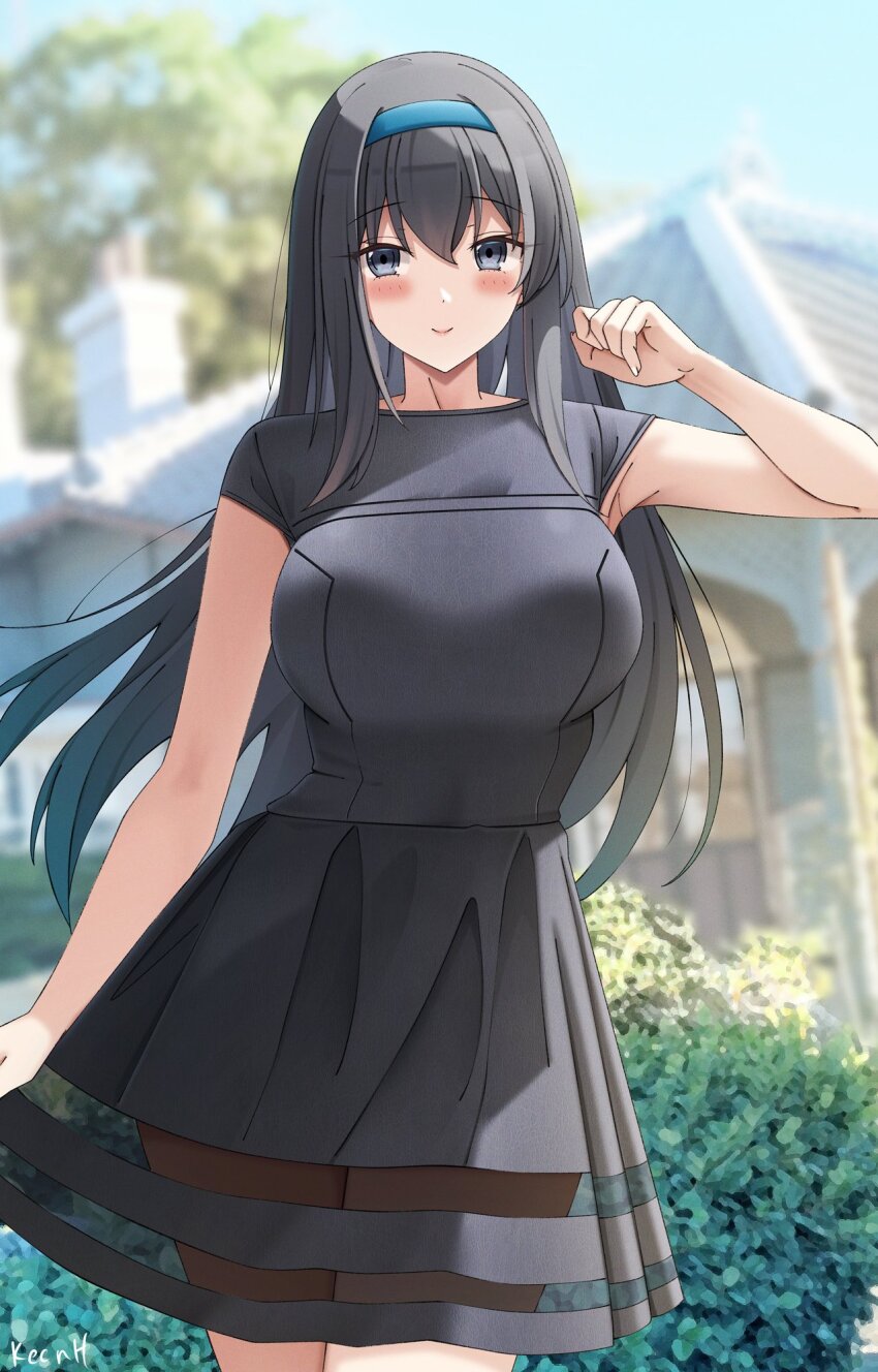 1girl, abe_shihoko_(rc_f), arm_up, black_hair, blue_hairband, blurry, blurry_background, blush, breasts, closed_mouth, day, depth_of_field, dress, glover_garden, hair_between_eyes, hairband, highres, keenh, large_breasts, leather, leather_dress, long_hair, looking_to_the_side, nagasaki, original, outdoors, photo_background, real_world_location, see-through_clothes, see-through_dress, short_sleeves, sidelocks, sideways_glance, signature, smile, solo, standing, tree, very_long_hair