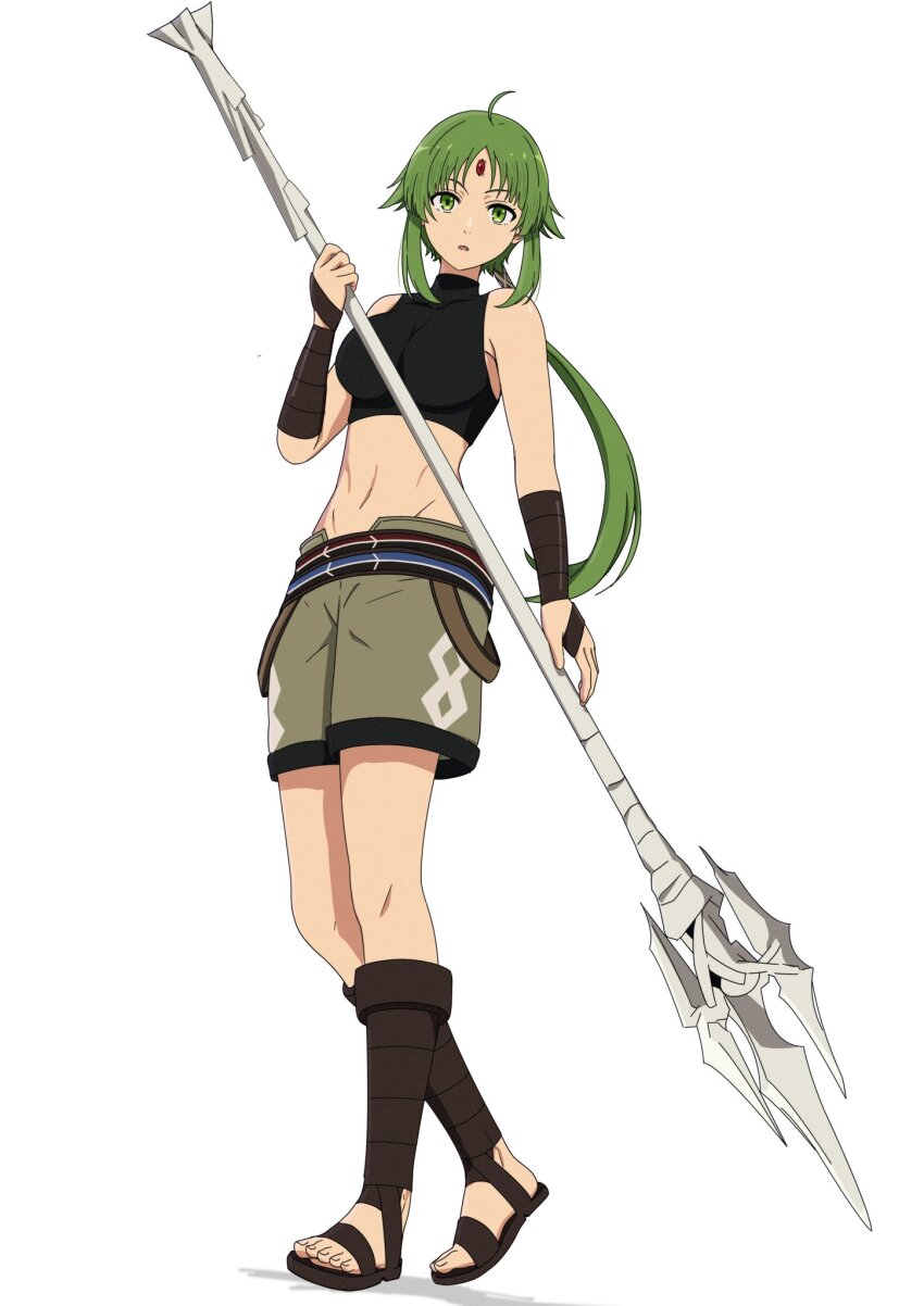 ahoge, forehead_jewel, green_eyes, green_hair, green_shorts, highres, holding, holding_polearm