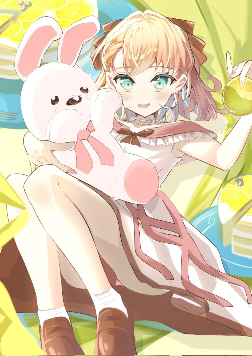 1girl, :d, aqua_eyes, blush, bow, brown_bow, brown_shoes, chocolate