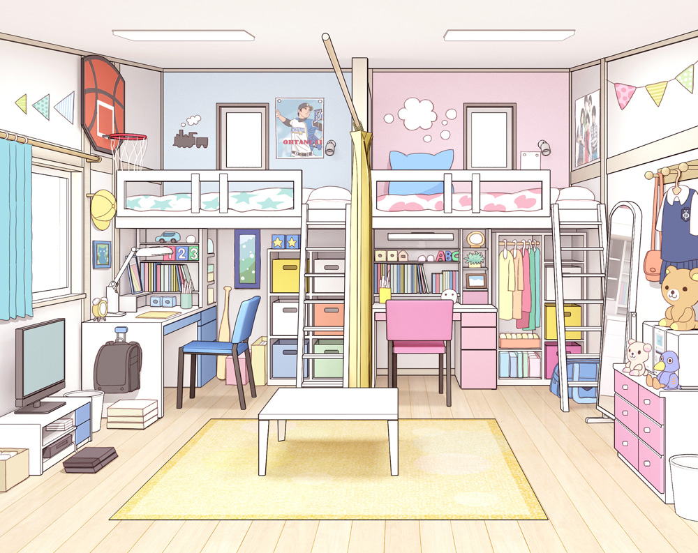 absurdly_detailed_composition, carpet, chabudai, chair, curtains, desk, fixed-point_camera, indoors