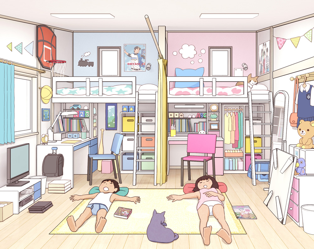 1boy, 1girl, absurdly_detailed_composition, blue_male_underwear, brown_hair, camisole, carpet, cat, chabudai, chair, curtains, desk, fixed-point_camera, indoors, kiyo_(kyokyo1220), korilakkuma, loaded_interior, loft_bed, lying, male_underwear, mirror, ohtani_shohei, on_back, on_floor, original, panties, pink_camisole, poster_(object), rilakkuma, san-x, shirt, short_hair, sleeping, stuffed_animal, stuffed_toy, table, teddy_bear, television, time_lapse, underwear, white_panties, white_shirt, window