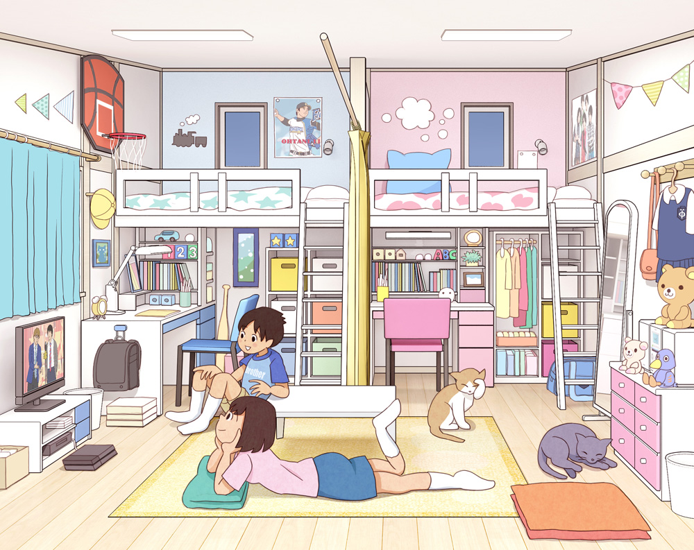 1boy, 1girl, absurdly_detailed_composition, blue_skirt, brother_and_sister, brown_hair, brown_shorts, carpet