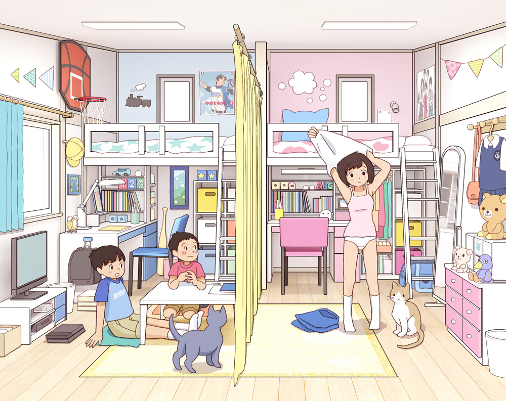 1girl, 2boys, absurdly_detailed_composition, blush, brother_and_sister, brown_hair, brown_shorts, camisole