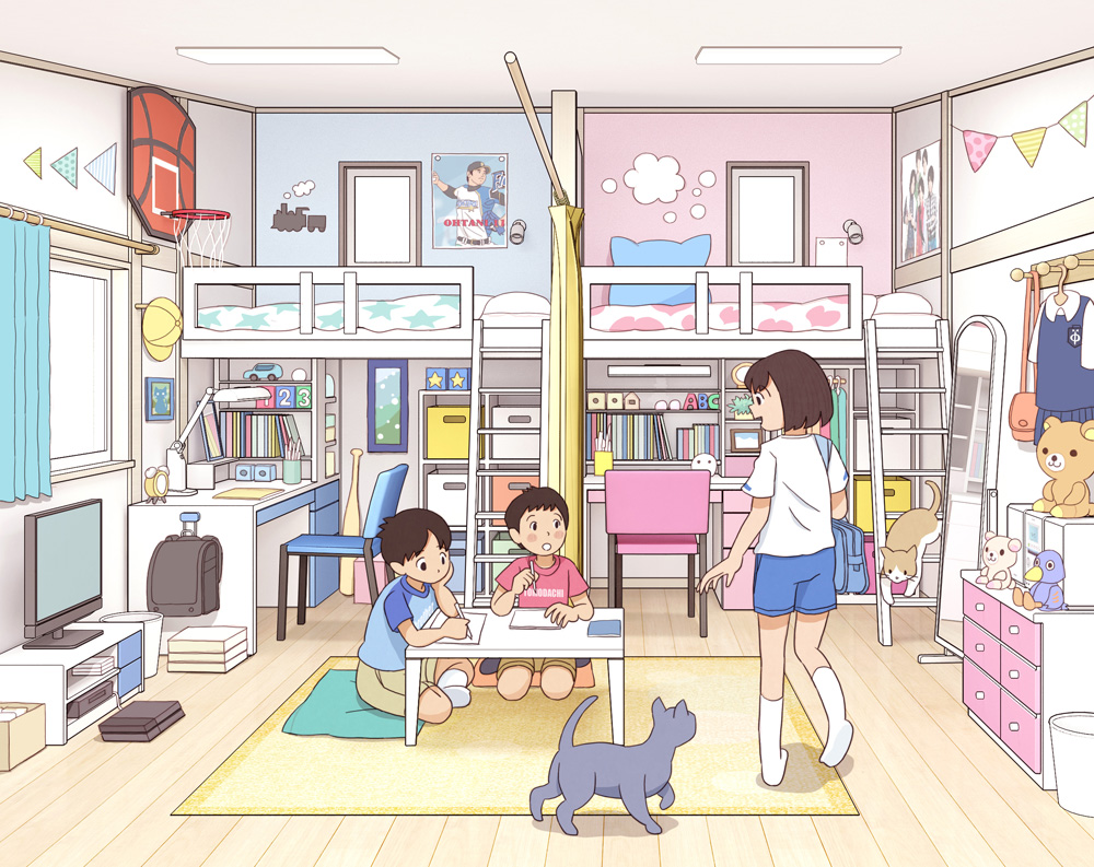 1girl, 2boys, absurdly_detailed_composition, bag, blue_shorts, blush, brother_and_sister, brown_hair