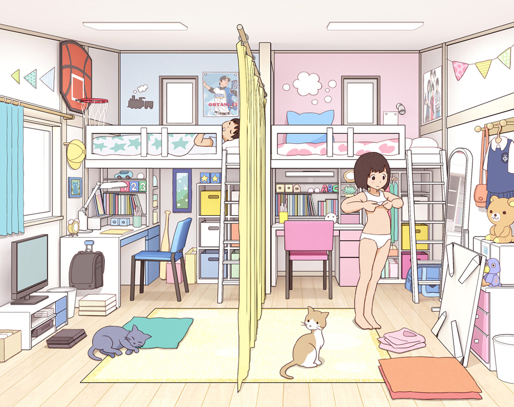1boy, 1girl, absurdly_detailed_composition, brother_and_sister, brown_hair, carpet, cat, chabudai