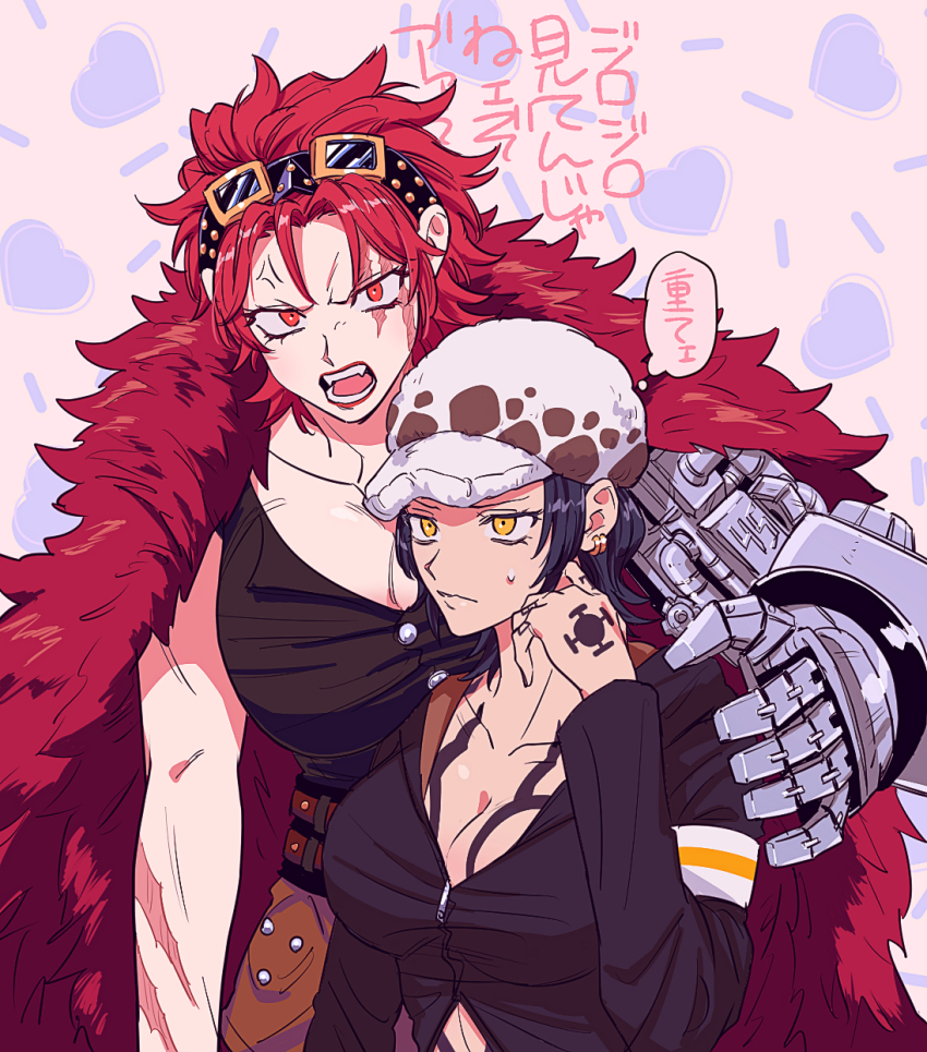 2girls, anger_vein, black_hair, black_shirt, breasts, buttons, chest_tattoo, cleavage