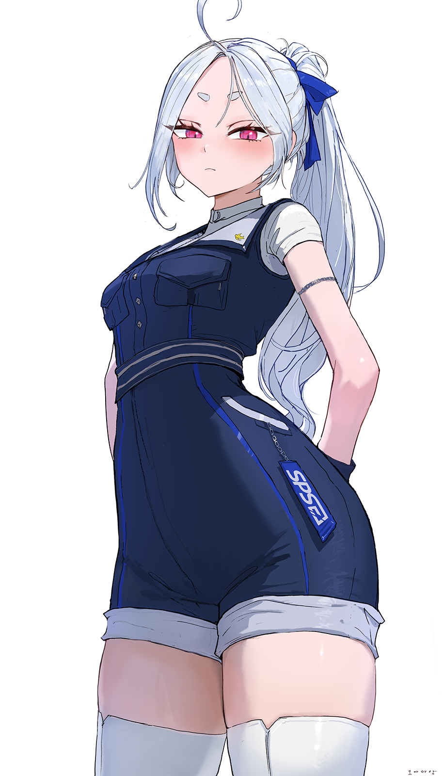 1girl, ahoge, blue_jumpsuit, blue_ribbon, closed_mouth, collared_shirt, high_ponytail, highres