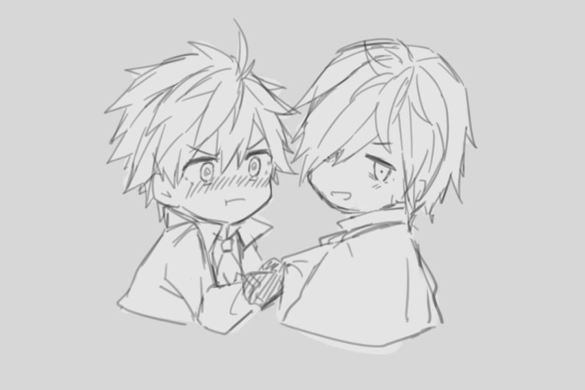 2boys, chibi, grimms_notes, iumi_urura, male_focus, monochrome, multiple_boys, revol_(grimms_notes)